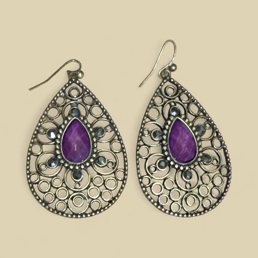 Vintage Antique Gold Amythest Filigree Teardrop Earrings